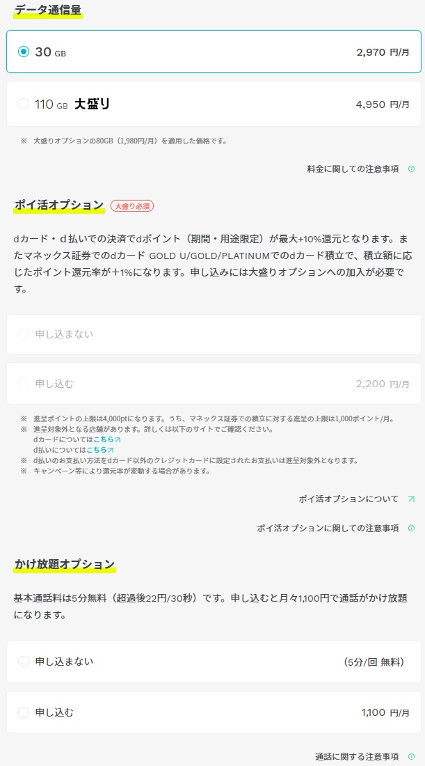 ahamo契約内容の選択